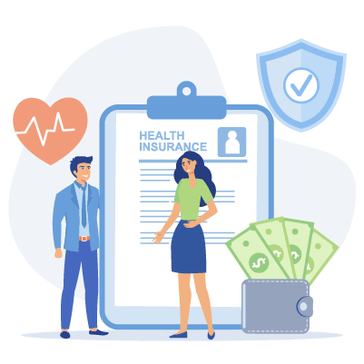 Illustration of man and woman with wallet and health insurance clipboard